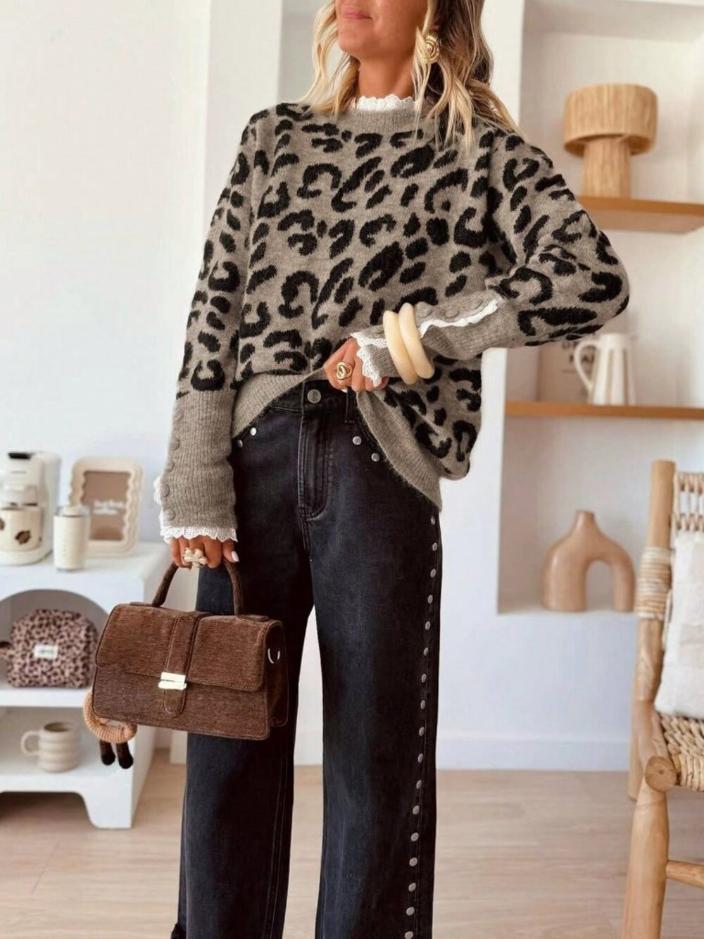 Multicolor Casual Women's Round Neck Lace detailed Leopard Print Knit Sweater - Picture 7 of 10